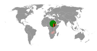 épinglez la carte avec le drapeau de la zambie sur la carte du monde. illustration vectorielle. vecteur