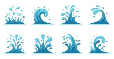 éclaboussures et arrose de l'eau ensemble isolé sur blanc Contexte. bleu l'eau mouvement effets, les flux, ruisseaux, déversements. chute aqua gouttes. mer ou océan vagues et tourbillon. vecteur illustration.