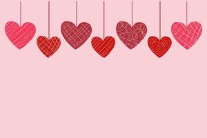 vecteur lumière rose arrière-plan, bannière avec rouge, rose et violet cœurs, vitré des sucreries sur cordes avec endroit pour texte pour le vacances la Saint-Valentin jour, mariage, anniversaire