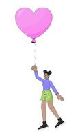 africain américain fille en volant avec ballon dans mains 2d linéaire dessin animé personnage. cœur en forme de ballon noir femelle isolé ligne vecteur la personne blanc Contexte. rêveur Couleur plat place illustration