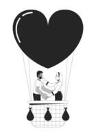 interracial couple flottant sur air ballon noir et blanc 2d ligne dessin animé personnages. affectueux copain petite amie isolé vecteur contour personnes. montgolfière monochromatique plat place illustration