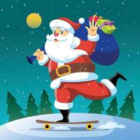 Le père Noël fait du skateboard offrant un cadeau de Noël vecteur