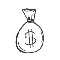 sac argent sac avec dollar signe symbole avec griffonnage main tiré style. esquisser concept pour affaires et la finance icône vecteur illustration