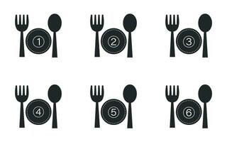 restaurant icône, plat portion nombre symbole avec fourchette, cuillère et plaque. vecteur