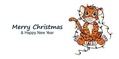 bannière du nouvel an avec l'image du tigre et de la guirlande colorée. le symbole du nouvel an chinois. joyeux Noel et bonne année. style de dessin animé illustration vectorielle vecteur