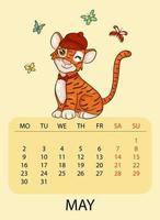 modèle de conception de calendrier pour mai 2022, l'année du tigre selon le calendrier chinois ou oriental, avec une illustration du tigre avec des papillons. table avec calendrier pour mai 2022. vecteur