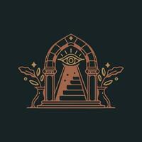 logo de la porte du soleil mystique, entrée de l'architecture en arc antique et icône de l'escalier, avec porte, fenêtre et palmiers dans un style bohème esthétique contemporain vecteur