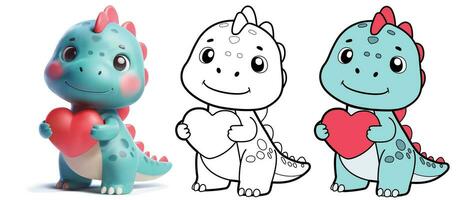 dinosaure mignonne dessin animé marrant personnage 3 style vecter l'amour thème, 3d vecteur, ligne art et 2d vecteur art.