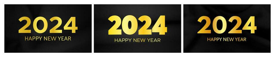 2024 content Nouveau année Contexte. ensemble de Trois moderne salutation bannière modèles avec or 2024 Nouveau année Nombres sur froissé foncé soie Contexte. vecteur illustration