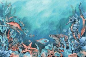 sous-marin monde clipart avec mer animaux baleine, tortue, pieuvre, hippocampe, étoile de mer, coquilles, corail et algues. main tiré aquarelle illustration. ensemble de isolé objets sur une bleu Contexte vecteur