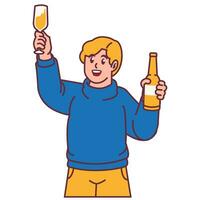 une homme célébrer fête et en portant verre de Champagne avec bouteilles vecteur