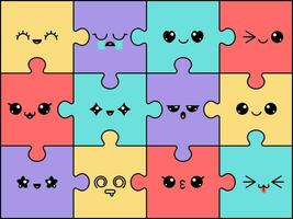 puzzles avec visages. kawaii personnages sur coloré scie sauteuse pièces. mignonne emoji avec faciale émotions. content, sourire et pleurer, en colère expression vecteur concept
