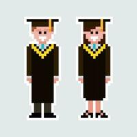 pixel art diplômé couple dans l'obtention du diplôme robes vecteur