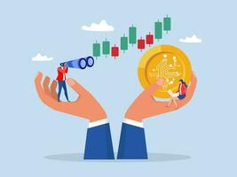 crypto-monnaie investissement ,équipe gens affaires analyste utilisation télescope montée en haut crypto pièce de monnaie à voir opportunité, vision ,haut profit crypto pièce de monnaie, futur croissance concept vecteur illustrateur