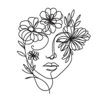minimaliste visage avec fleurs ligne art vecteur