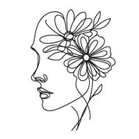 minimaliste visage avec fleurs ligne art vecteur