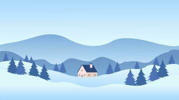 Facile hiver paysage illustration, vecteur Contexte avec le hiver neige thème, plat conception style, vecteur illustration de montagne, loger, et pin des arbres
