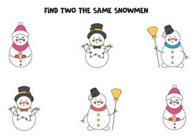 trouver deux bonhommes de neige de Noël identiques. jeu éducatif pour les enfants d'âge préscolaire. vecteur