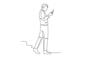une homme en marchant avec une téléphone portable vecteur