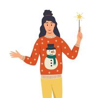 femme en pull moche avec des cierges magiques. une jeune fille fête le nouvel an, noël. illustration vectorielle de dessin animé plat vecteur