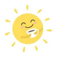 mignonne souriant Soleil personnage avec une tasse de thé, café, Matin illustration vecteur