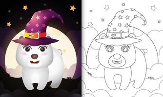 livre de coloriage avec un ours polaire de sorcière d'halloween de dessin animé mignon devant la lune vecteur