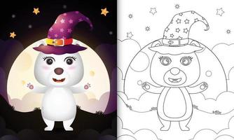 livre de coloriage avec un ours polaire de sorcière d'halloween de dessin animé mignon devant la lune vecteur