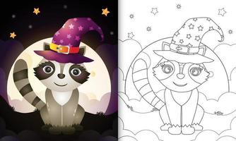 livre de coloriage avec un mignon dessin animé halloween sorcière raton laveur devant la lune vecteur