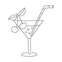 main tiré cocktail avec Cerise et paille. du froid boire, été boisson. contour griffonnage vecteur noir et blanc illustration isolé sur une blanc Contexte