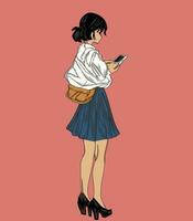 ilustration de étudiant fille en jouant téléphone intelligent vecteur