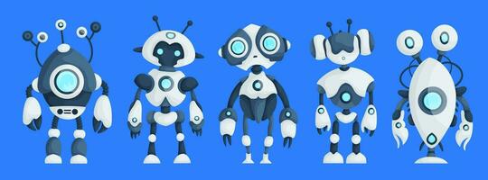 ensemble de cinq moderne des robots isolé sur bleu Contexte mignonne personnage dessin animé artificiel intelligence concept plat vecteur