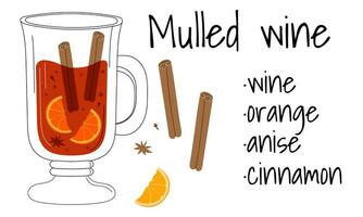Réchauffé du vin recette dessin. hiver chaud boisson avec cannelle et orange. vecteur illustration verre de du vin