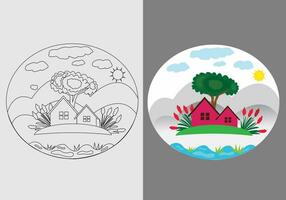 magnifique village la nature scène illustration, fleur, arbre, maison vecteur logo conception modèle