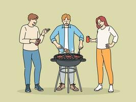 un barbecue fête avec de bonne humeur copains en buvant Bière et grillage Viande sur gril dans parc ou dans arrière-cour de maison. content gens célébrer début de été vacances et cuisine du boeuf Viande sur un barbecue charbons vecteur