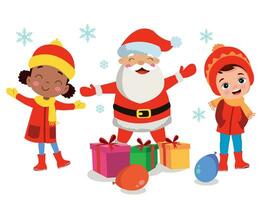 joyeux Noël et content des gamins Nouveau année salutation carte avec mignonne Père Noël claus peu bonhomme de neige avec cadeaux. vecteur
