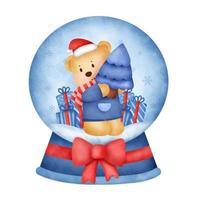 Boule à neige ours en peluche de Noël dans un style Aquarelle pour carte de voeux. vecteur