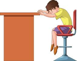 garçon séance avec tête vers le bas sur une chaise et mains mis sur une en bois table vecteur