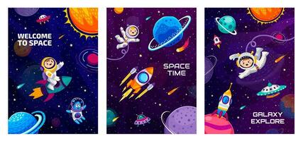 dessin animé espace affiches. astronautes, vaisseau spatial, OVNI vecteur