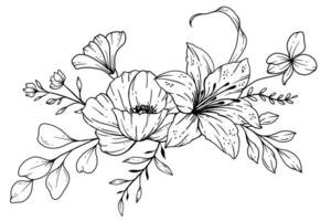 fleurs sauvages ligne dessin. noir et blanc floral bouquets. fleur coloration page. floral ligne art. bien ligne fleurs sauvages illustration. main tiré fleurs. botanique coloration. mariage invitation fleurs vecteur