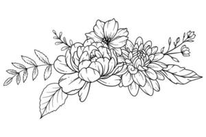 fleurs sauvages ligne dessin. noir et blanc floral bouquets. fleur coloration page. floral ligne art. bien ligne fleurs sauvages illustration. main tiré fleurs. botanique coloration. mariage invitation fleurs vecteur