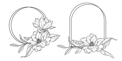 magnolia ligne dessin. noir et blanc floral cadres. floral ligne art. bien ligne magnolia illustration. main tiré contour fleurs. botanique coloration page. mariage invitation fleurs vecteur