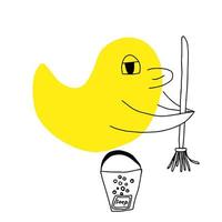 jolie femme de ménage de canard jaune, illustration vectorielle. jouet en caoutchouc pour enfants. oiseau, griffonnages, dessinés à la main. illustration vectorielle. vecteur