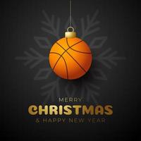 basket-ball joyeux noël et bonne année carte de voeux de sport de luxe. ballon de basket comme boule de Noël sur fond. illustration vectorielle. vecteur