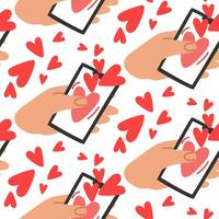 une modèle avec cœurs de le téléphone, lorsque pressé, le cœur est envoyé. le texture est vecteur plat pour la Saint-Valentin journée. sans couture ornement. une déclaration de l'amour. la Saint-Valentin journée emballage