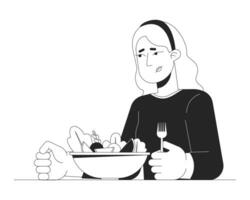 caucasien femme diminué appétit noir et blanc 2d ligne dessin animé personnage. triste blond femelle en mangeant désordre isolé vecteur contour personne. perte de poids repas monochromatique plat place illustration