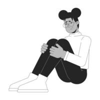 fatigué africain américain femme étreindre les genoux noir et blanc 2d ligne dessin animé personnage. hiver bleus. fatigue noir fille isolé vecteur contour personne. Burnout monochromatique plat place illustration