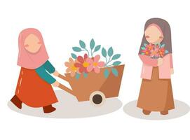 mignonne hijab fille jardinage illustration vecteur