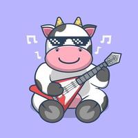 vache mignonne jouant de la guitare et portant un vecteur isolé de dessin animé de lunettes de soleil.