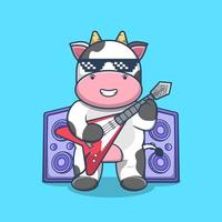 vache mignonne jouant de la guitare avec vecteur isolé de dessin animé de haut-parleurs.