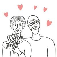 personnes âgées des couples célébrer valentines journée main tiré vecteur illustration. retraité couple aime chaque autre. personnes âgées femme avec fleurs et personnes âgées homme, Humain des relations, vieux âge, fête